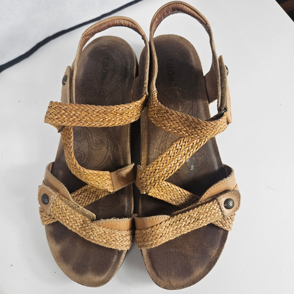 Taos Trulie Womens 9 - 9.5 Tan Brown Leather Woven Braided Strappy Sandals